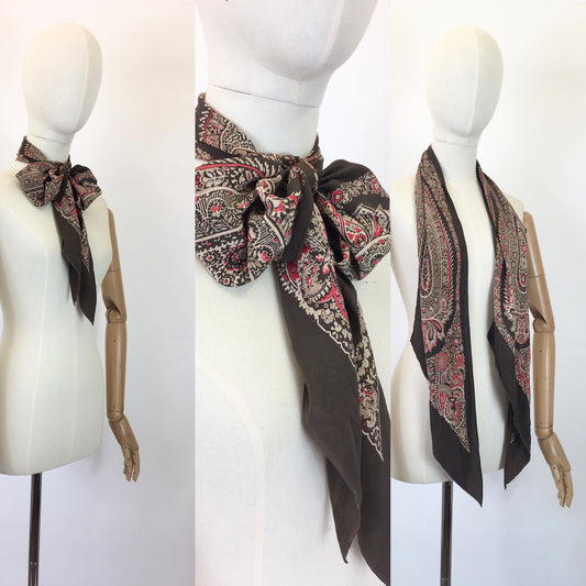 Original 1930's Stunning Deco Pointed Scarf  - In Autumnal Warm Browns, Creams & Berries