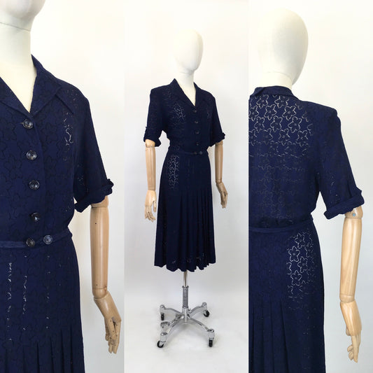 Original 1930's Stunning Lace Dress in a Classic Navy - With Exquisite Details