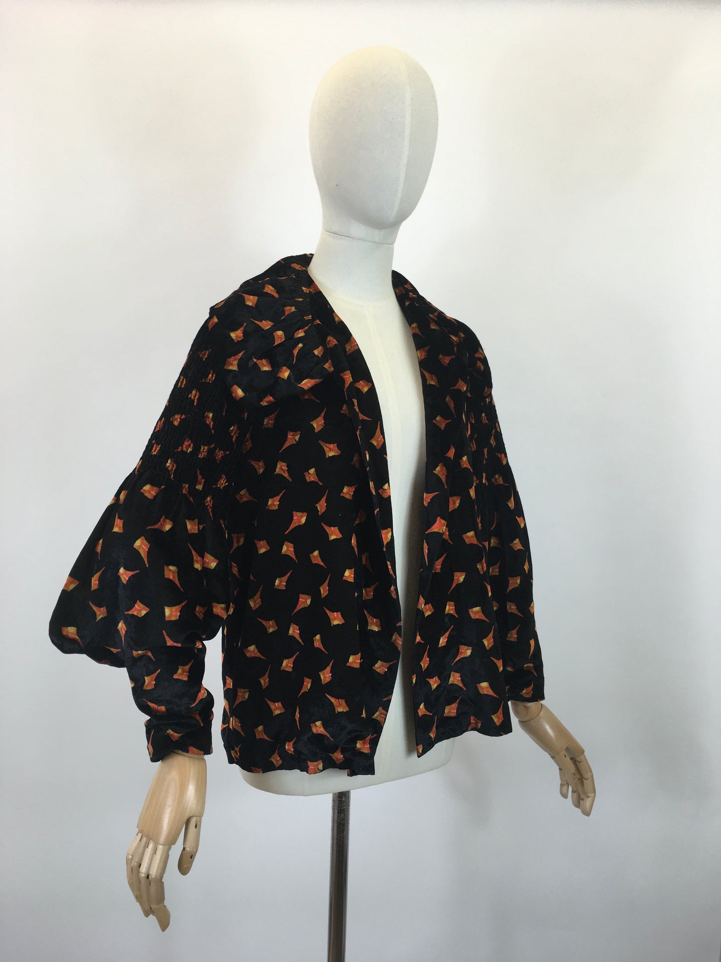 Original Late 1920's Early 1930's Stunning Silk Velvet Jacket - In An Art Deco Print in Burnt Orange And Old Gold