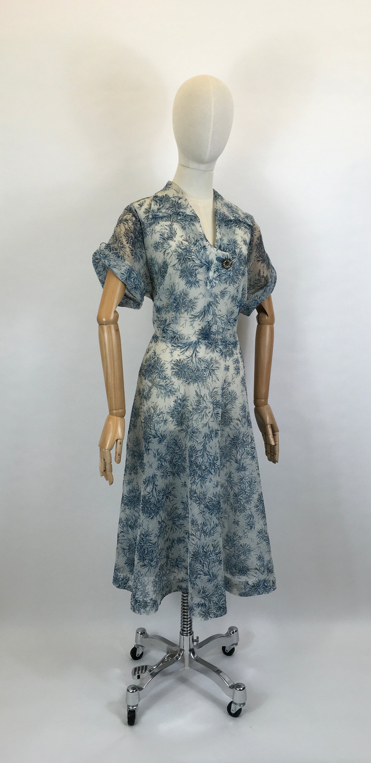 Original Early 1950’s Sheer Nylon Floral Dress - In A Lovely Soft Blue Floral