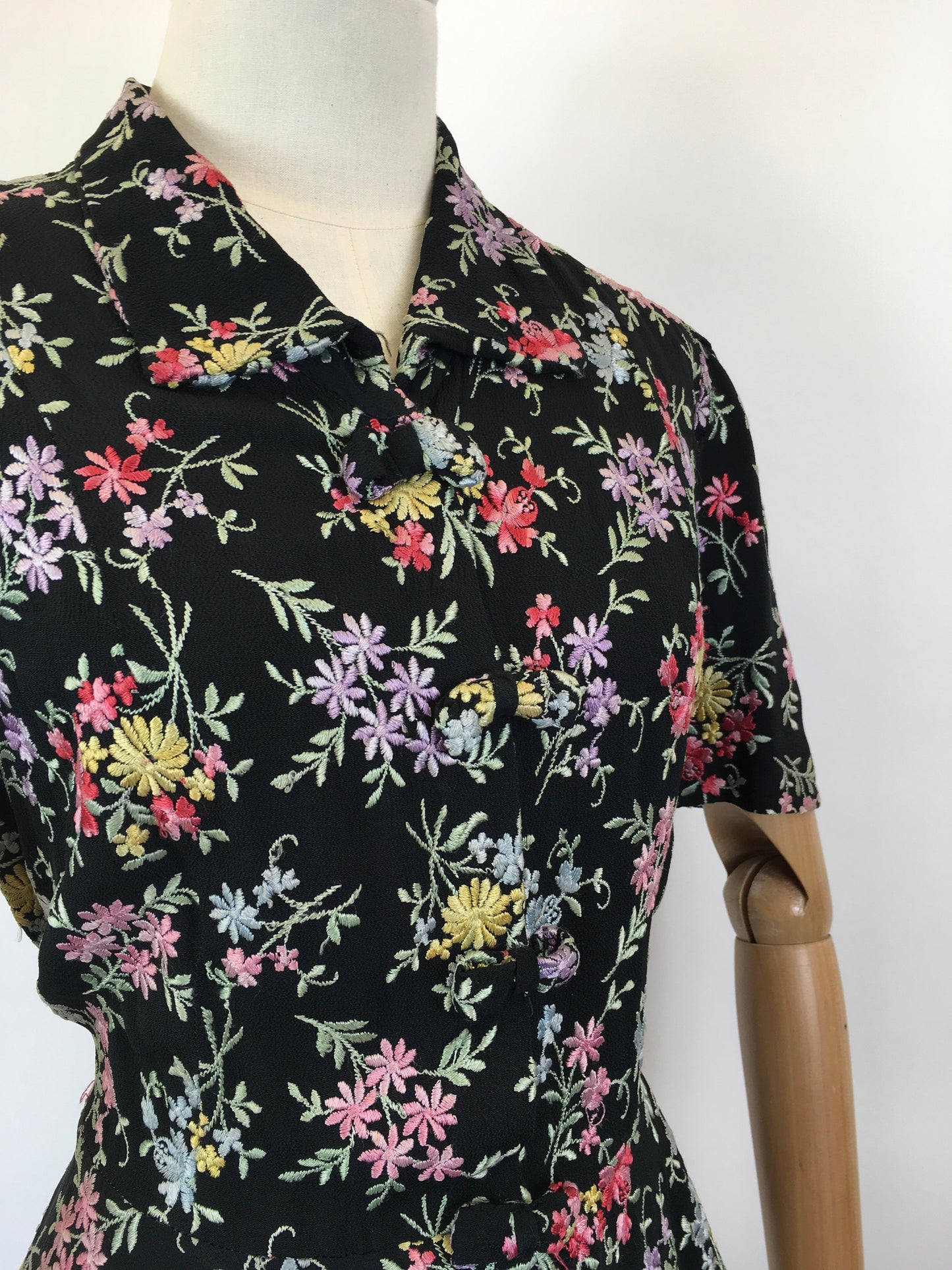 Original 1930’s Black Crepe Embroidered Blouse with Bows - In A Wild Flower Meadow Colour Pallet