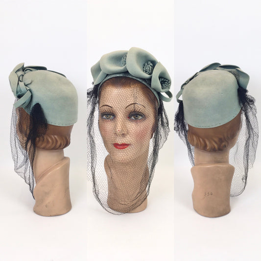 Original 1940’s Darling American Hat in Pale Duck Egg - With Flora Embellishments and Veiling