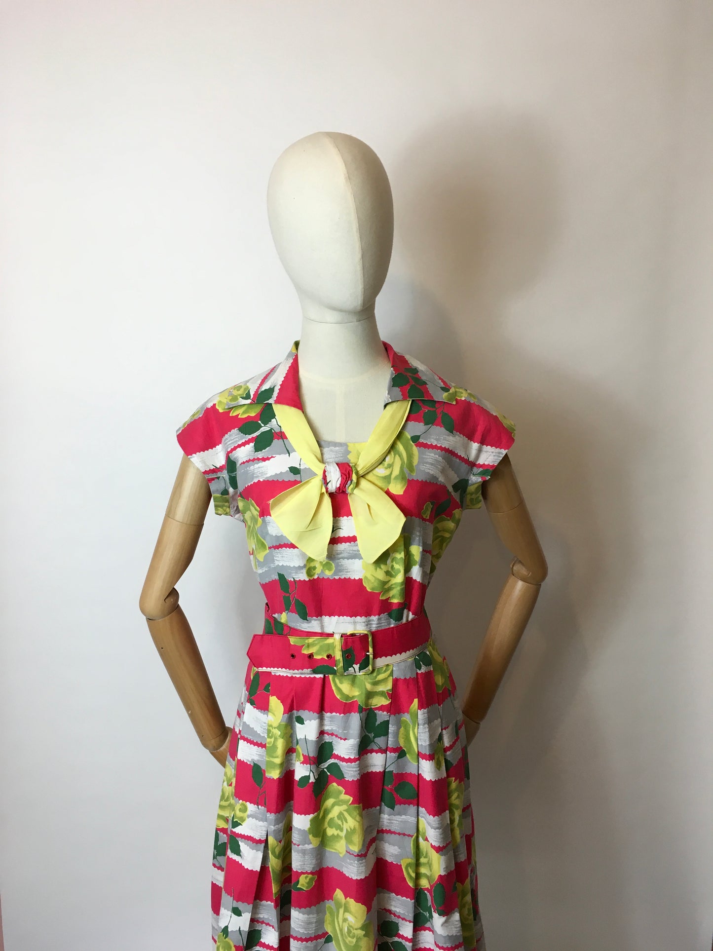 Original 1950s Cotton Day Dress - In a Fabulous Floral Cotton in Bright Pinks, Yellows & Greens