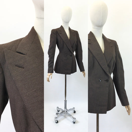 Original 1940's Stunning Longline Jacket in A Chocolate Brown Pinstripe - With Exquisite Details