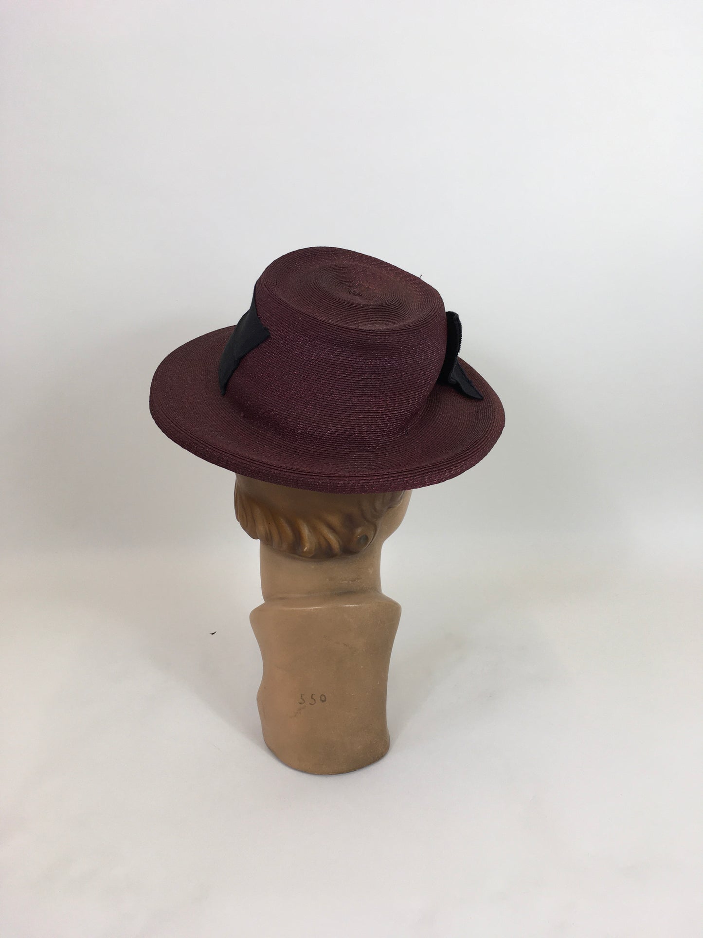 Original 1940’s Sublime Straw Tilt Hat - In A Deep Mulberry With Trim