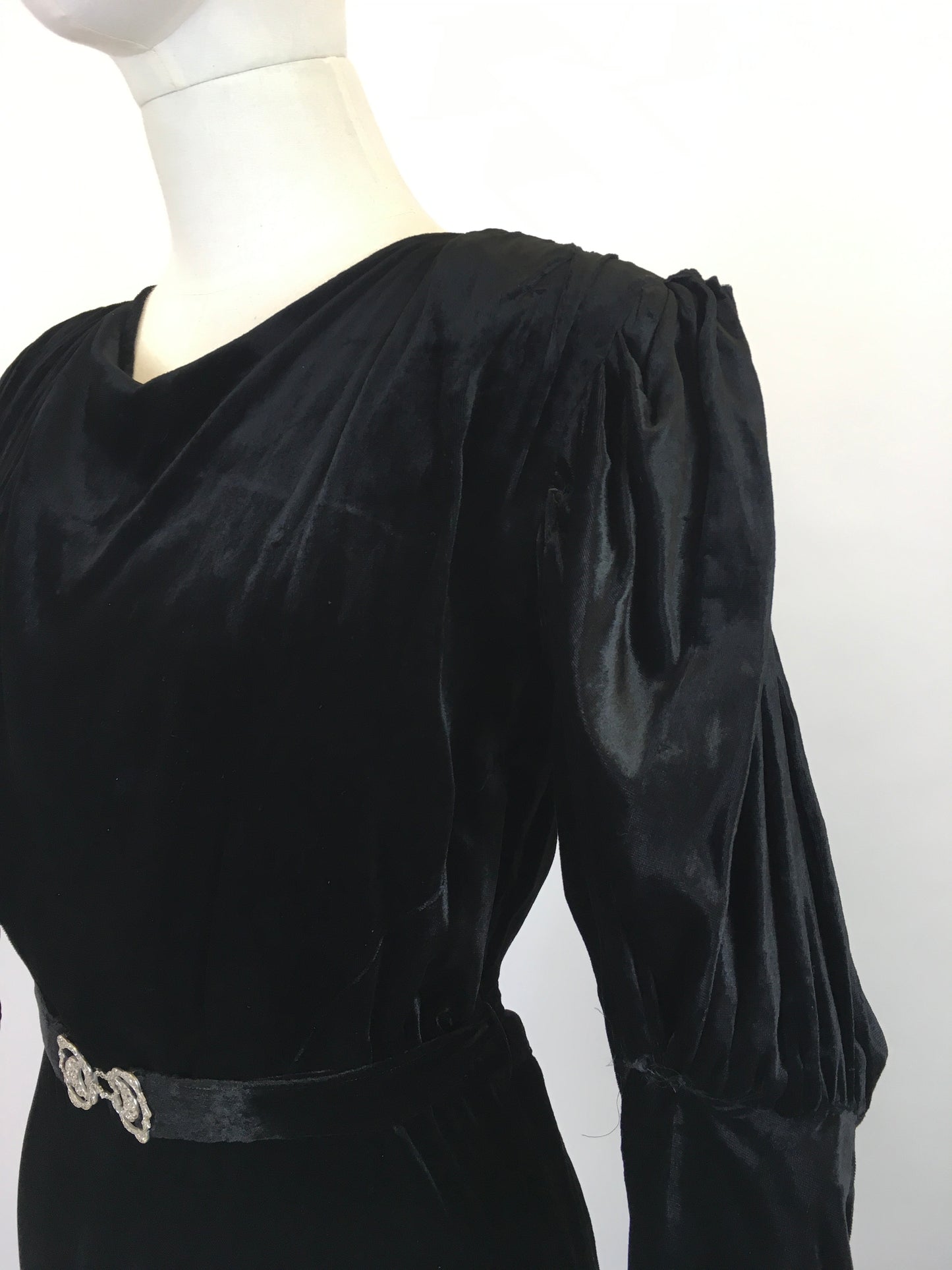 Original 1930's Divine Silk Velvet Evening Gown - With Exquisite Pleated Details and Art Deco Buckle