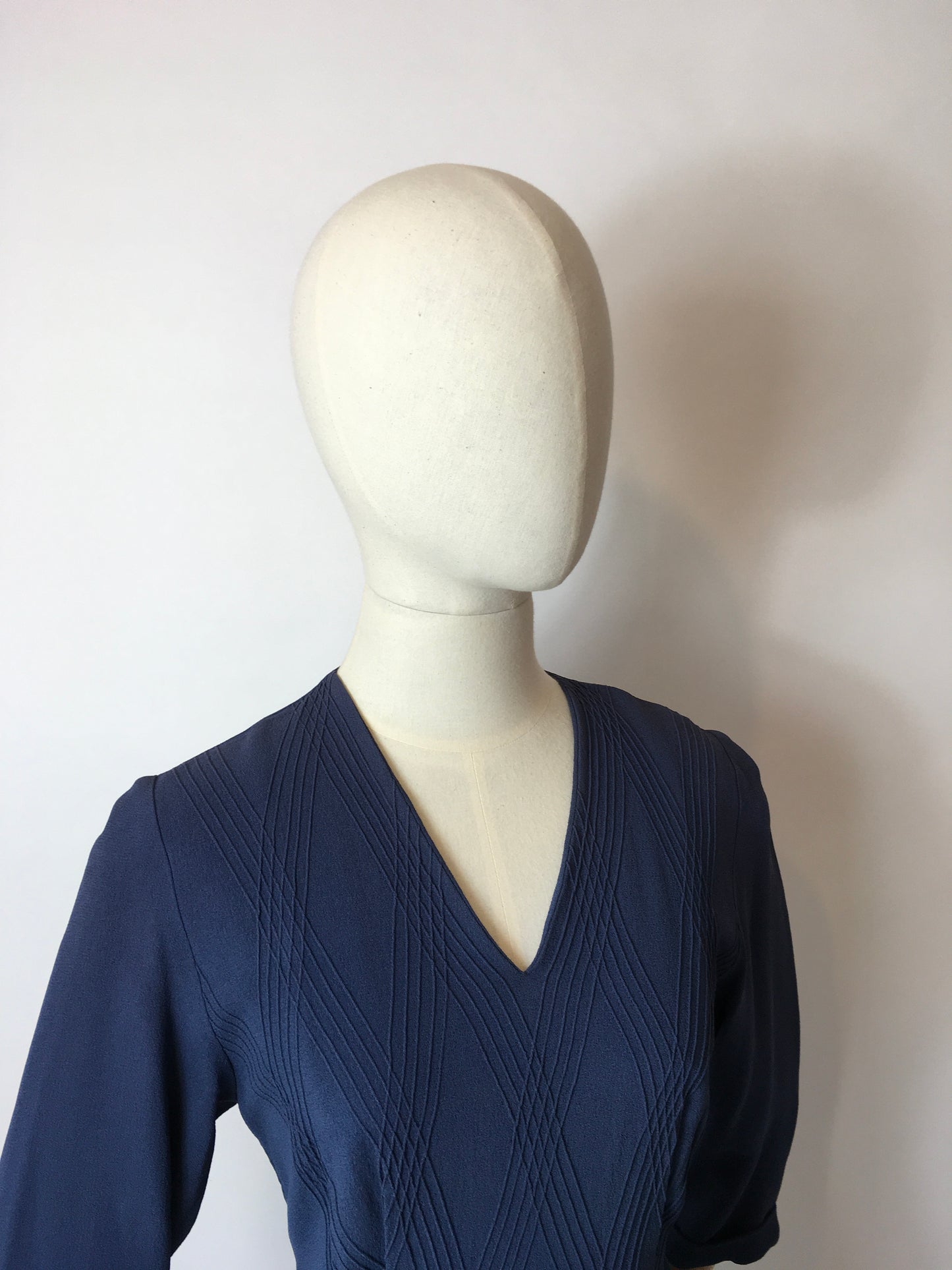 Original 1940’s Airforce Blue Crepe Day Dress - Lovely Criss Cross Detailing to the Bodice