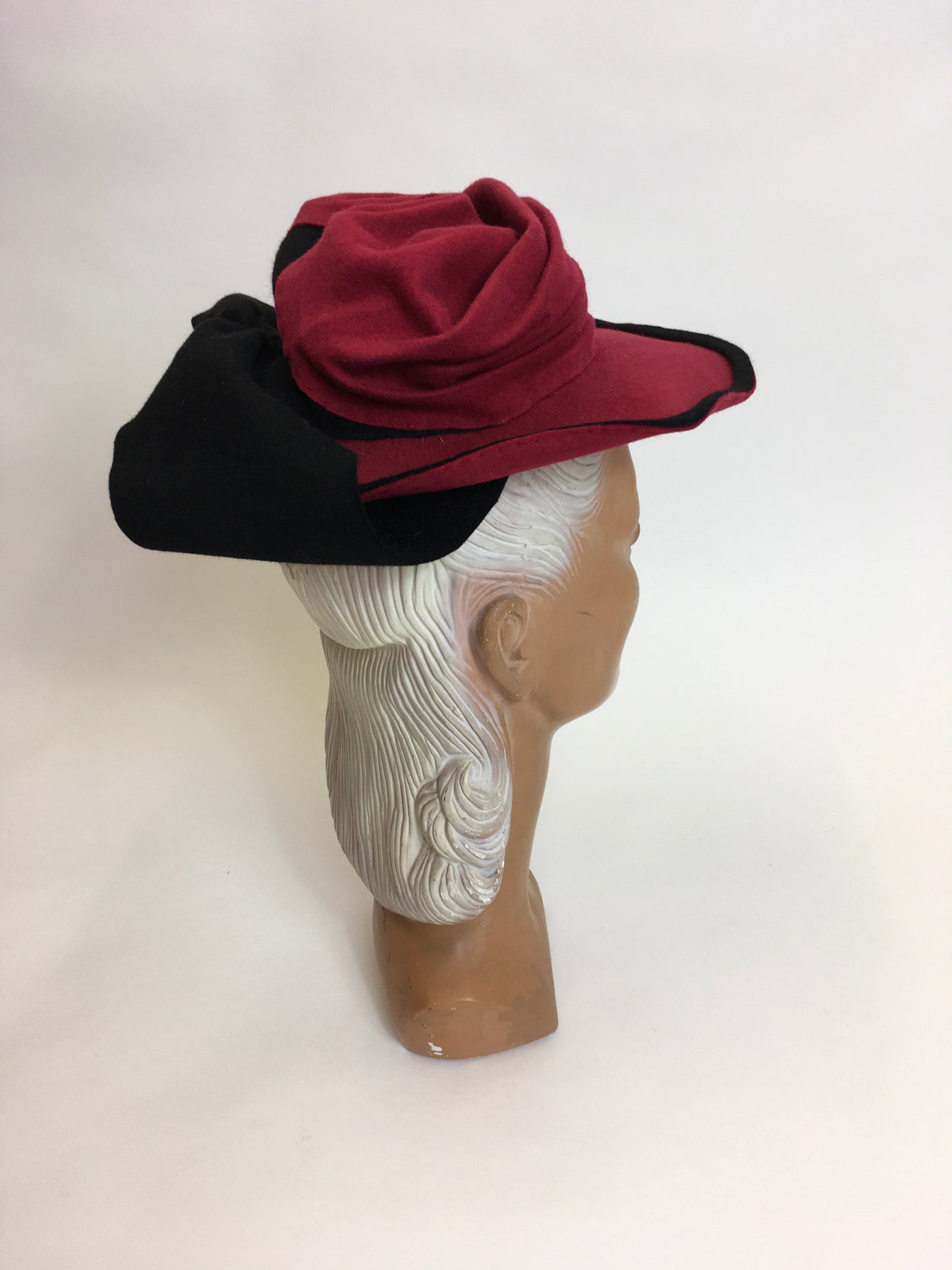 Original 1940’s Felt Topper Hat - In a Raspberry Red with Black Detailing