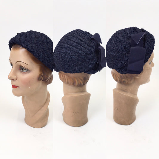 Original 1950’s Darling Raffia Headpiece in Navy - With Grosgrain Banding