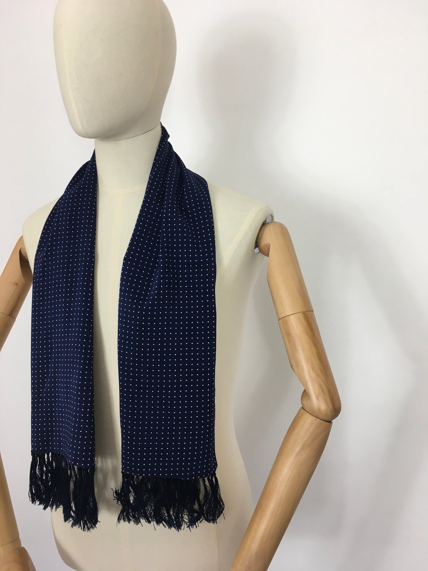 Original 1940’s Mens Scarf By ‘ Tootal ‘ - Lovely Navy and White Polka Dot Silk