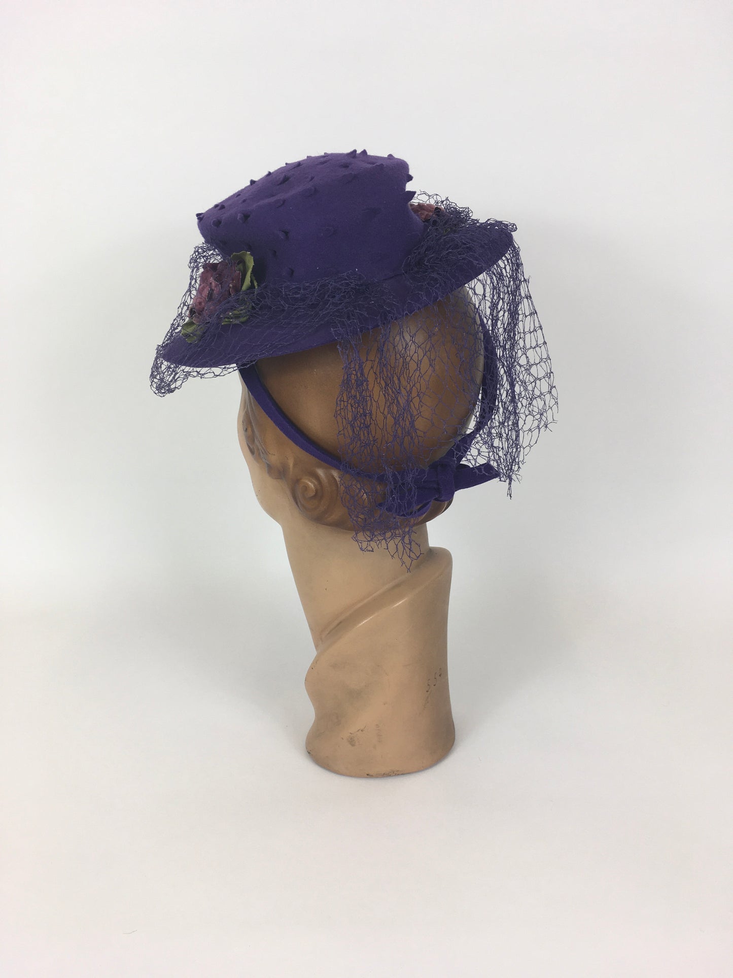 Original 1940’s SENSATIONAL Cadbury Purple Felt Topper Hat - With Cutwork Detailing, Millinery Flowers and Veiling