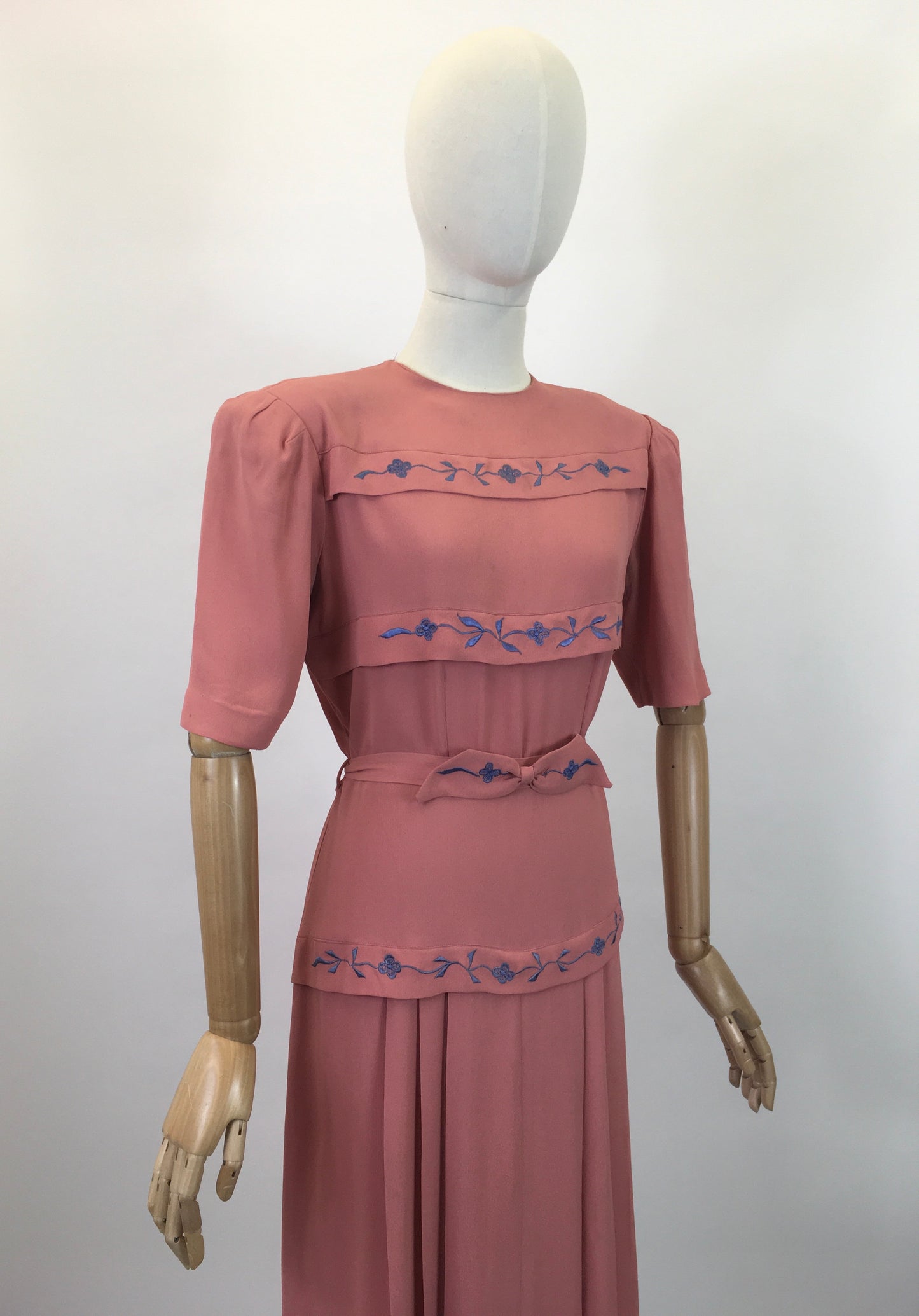 Original 1940's Stunning Blush Crepe Dress with Embroidered Details in Forget Me Not Blue - ' A Frederick Gown Label'