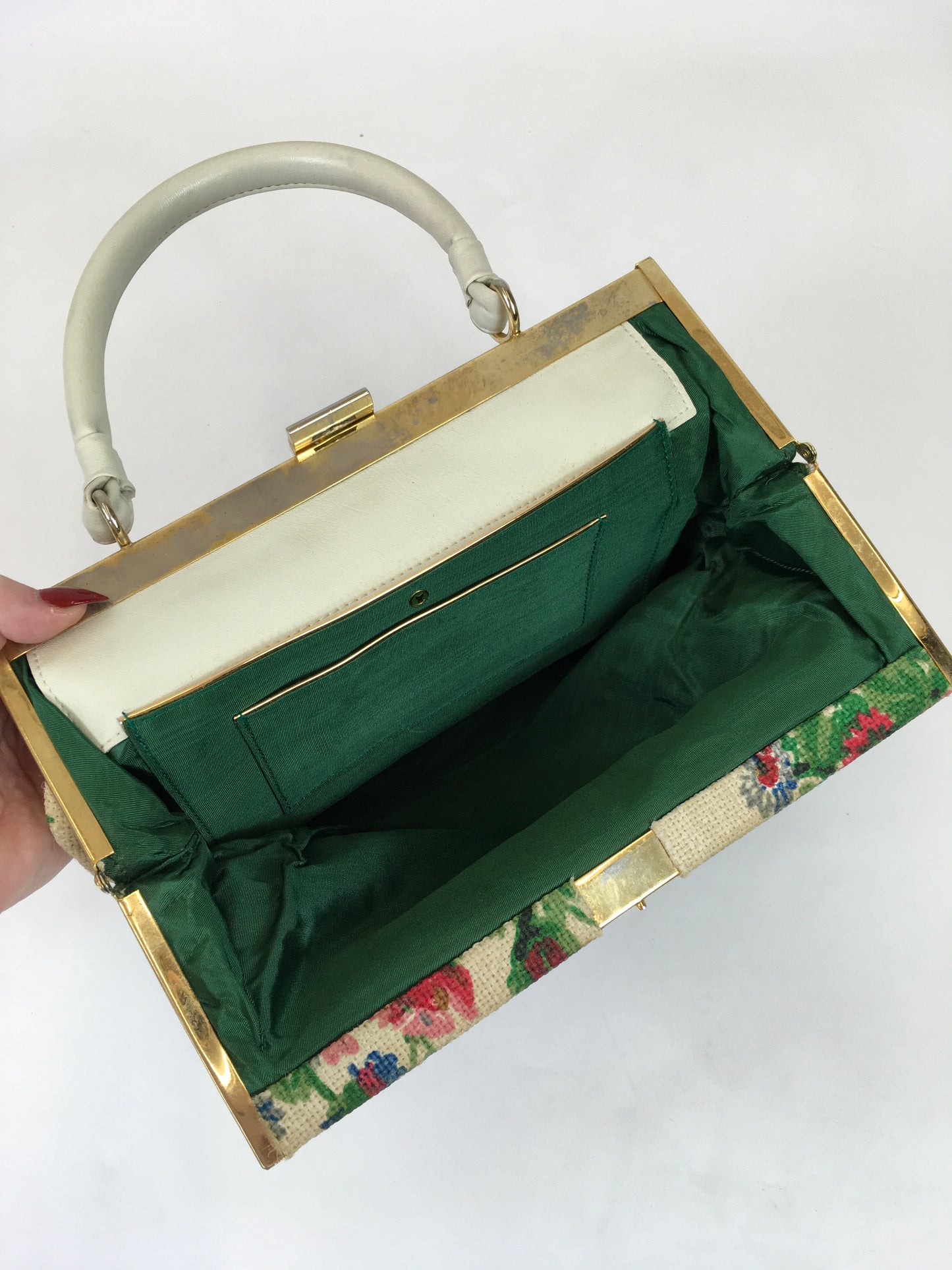 Original 1950’s Fabulous Floral Handbag - With Gold Metalwork Frame and Cream Handle