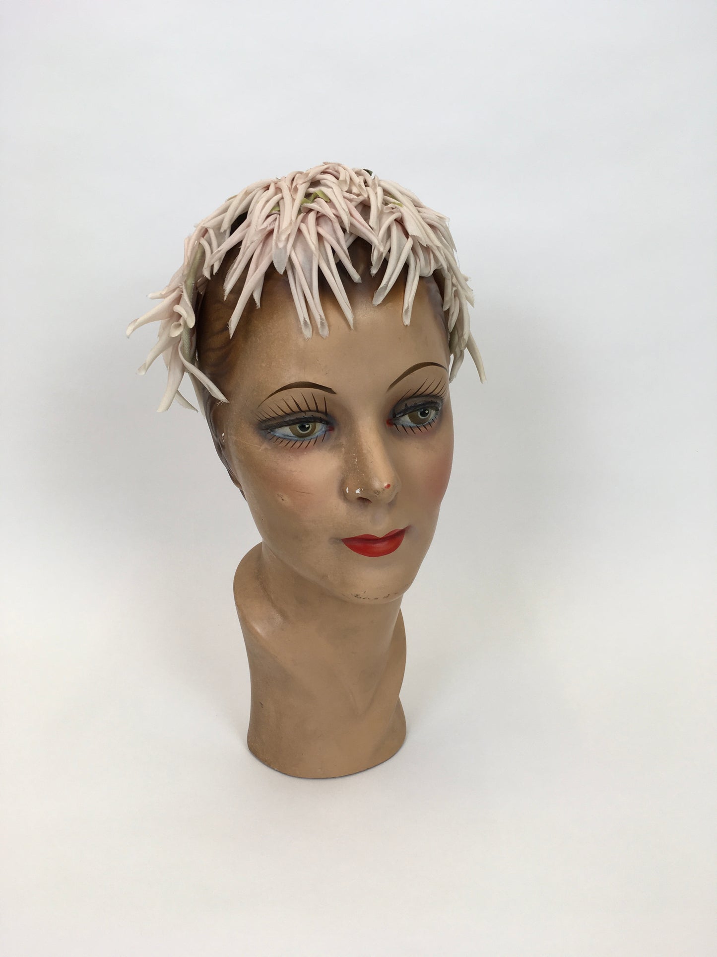 Original 1950s Velvet and Floral Headpiece - In a Delicate Pallet of Soft Pinks, Pale Ivory and Green