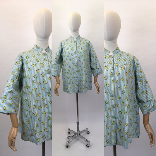 Original 1950s Smock Made By ‘ Country Reg’d ‘ - In a Lovely Contrast Floral and Stripe in Soft Greens, Blues and Buttercup Yellows