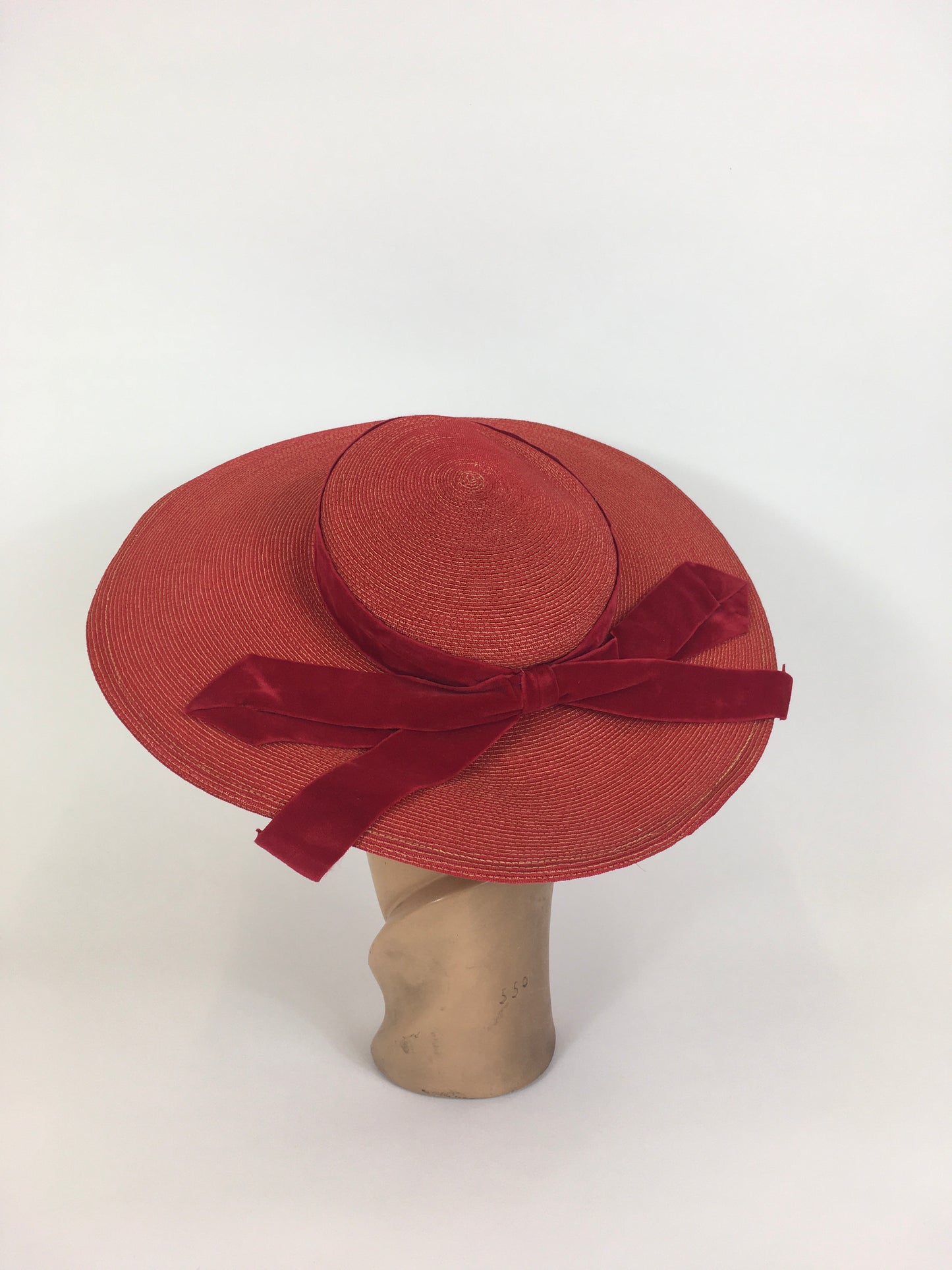 Original 1940’s SENSATIONAL Large Straw Hat - In Red With Contrasting Velvet Bow Trim