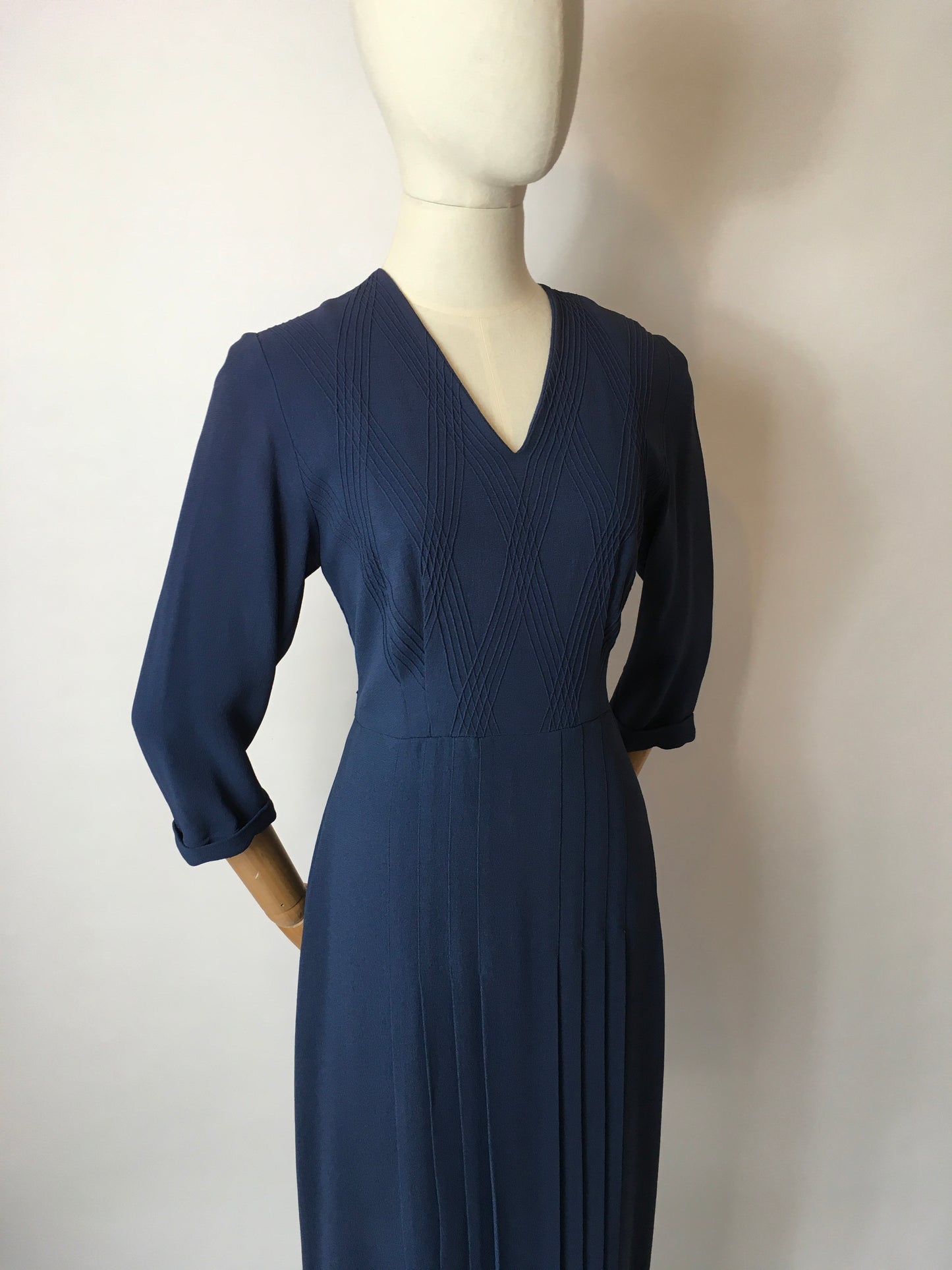 Original 1940’s Airforce Blue Crepe Day Dress - Lovely Criss Cross Detailing to the Bodice