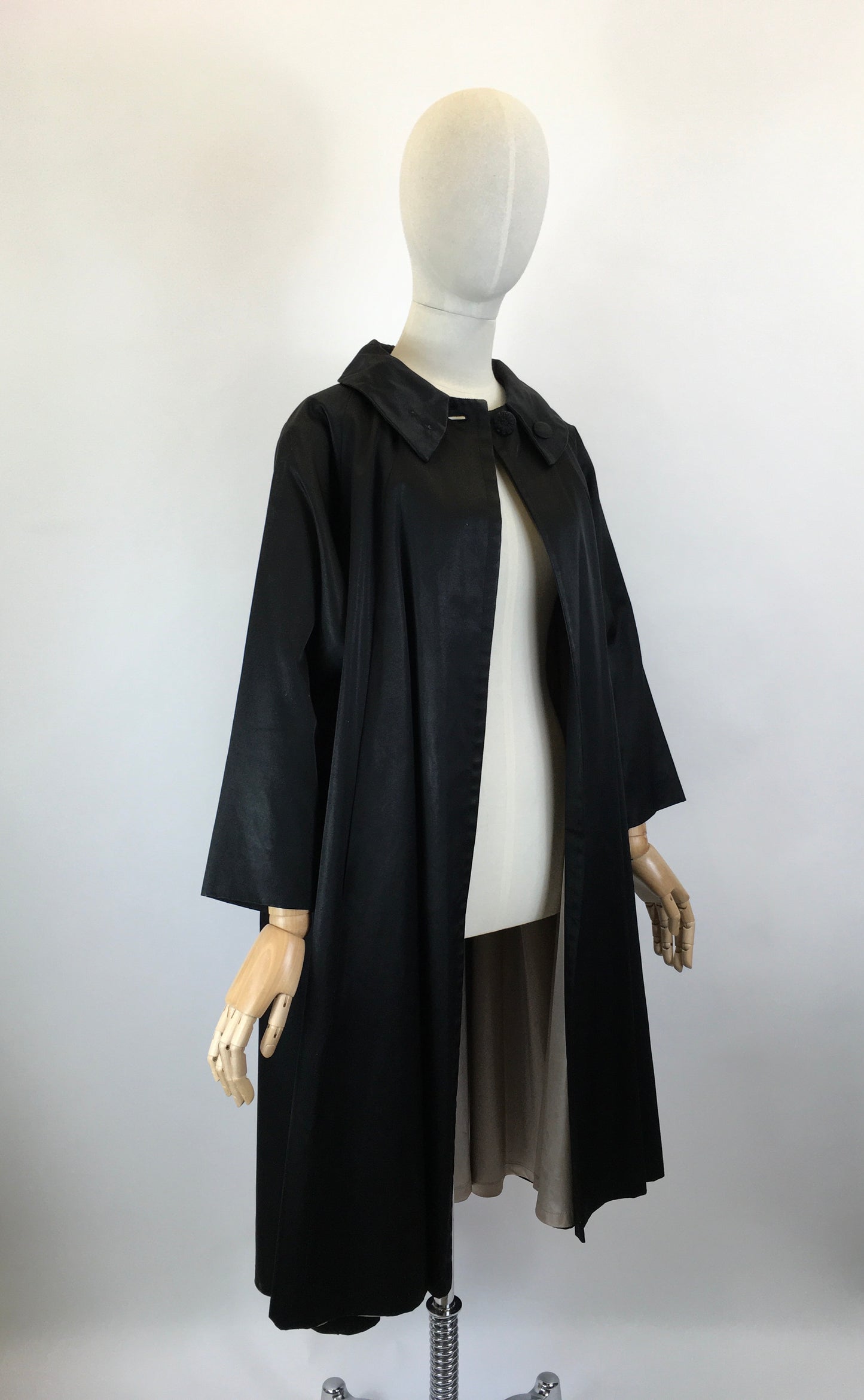 Original 1950’s Stunning Black Evening Coat - In A Lush Noir Sateen