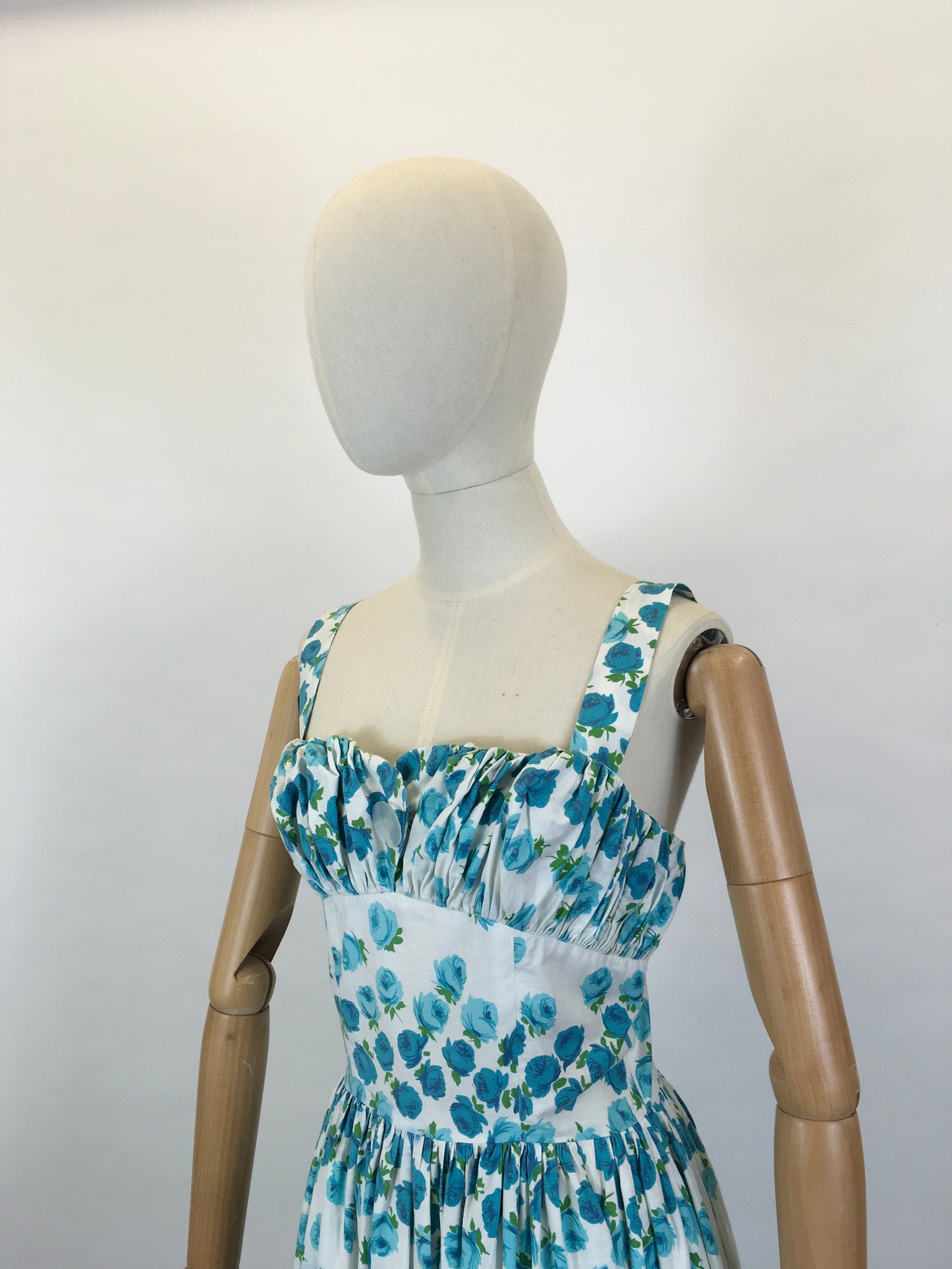 Original 1950’s Gorgeous Sun Dress - In A Beautiful Blue Rose Print Cotton