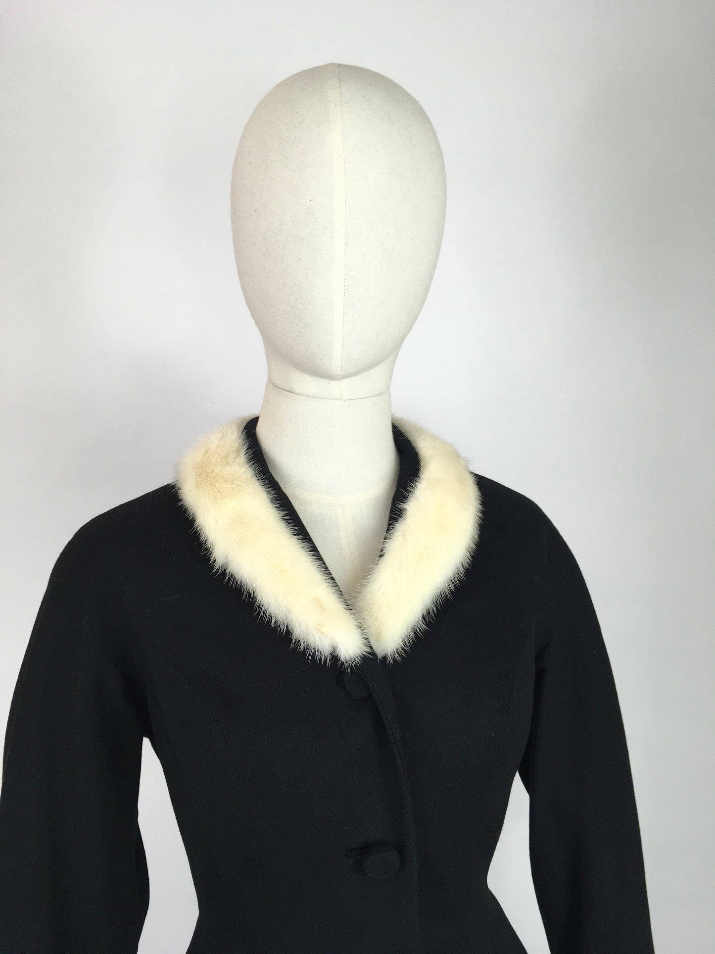 Original Early 1950s 2pc Suit with an Amazing Silhouette  - In a Lovely Black Wool with Contrast White Mink Fur Trim