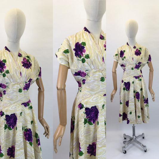 Original 1950s Darling Dress By ‘ Coopella’ - In a Lightweight Cotton In Yellow Swirls with Rich Purple Roses