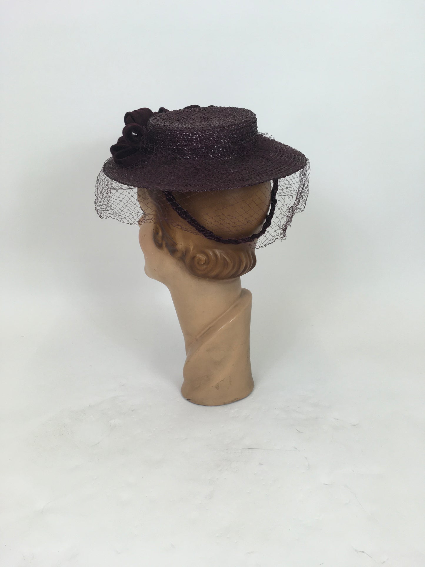 Original 1940's Darling Raffia Tilt Hat with Felt Adornment & Veiling - In Winter Berry