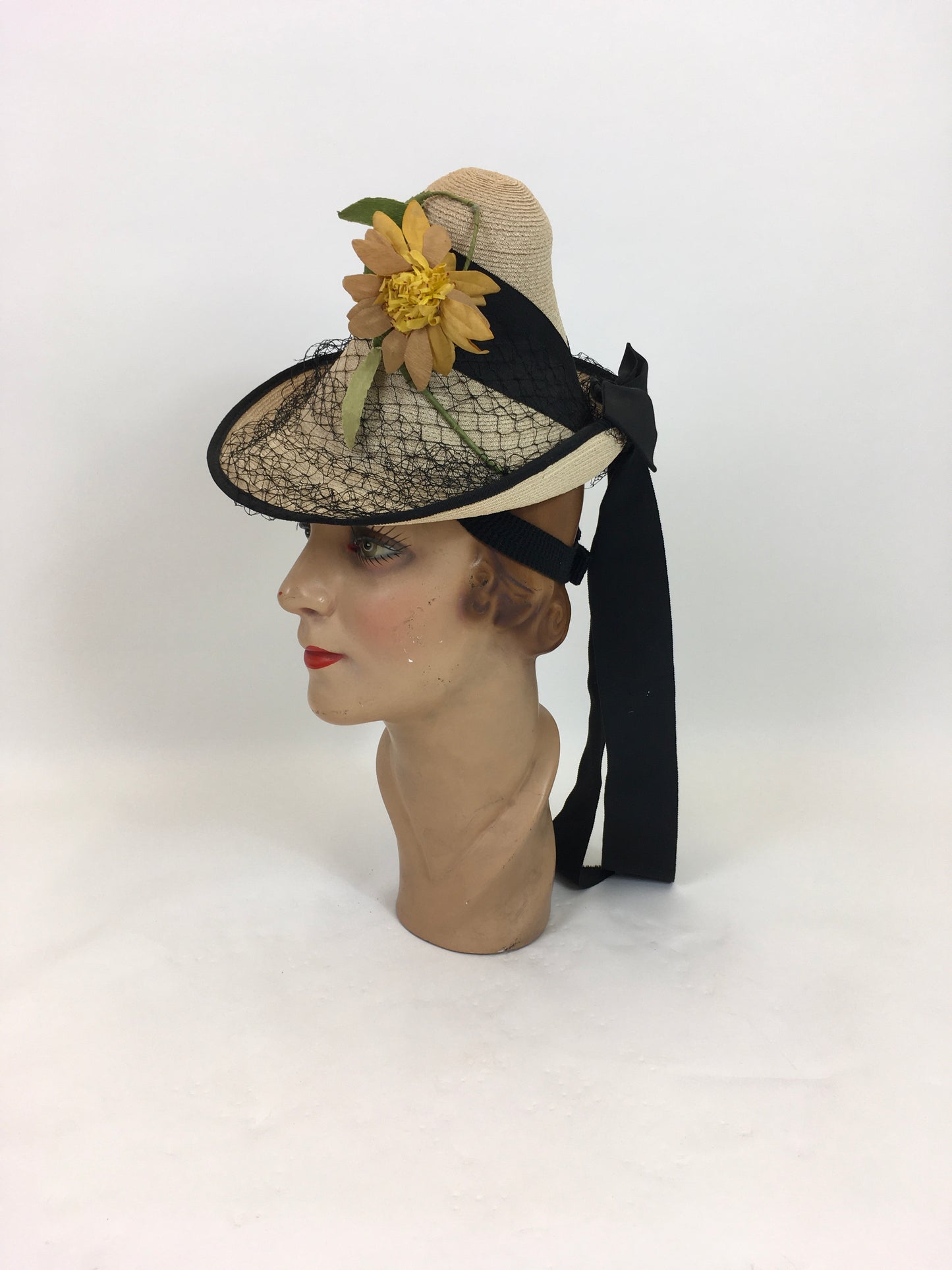 Original 1940's Sensational Natural Funnel Topper - With Floral Millinery, Veiling and Tails