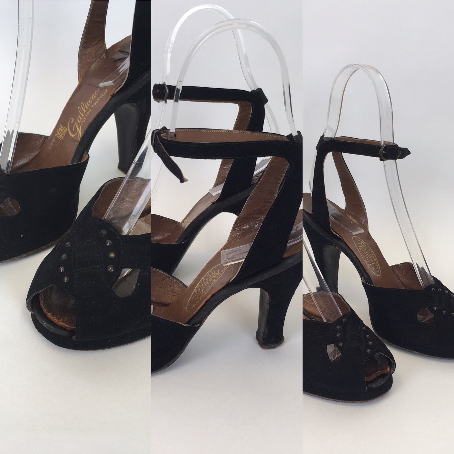 Original 1940s Black Suede Heels - With Peep toe Front Detailing and Buckled Ankle Strap