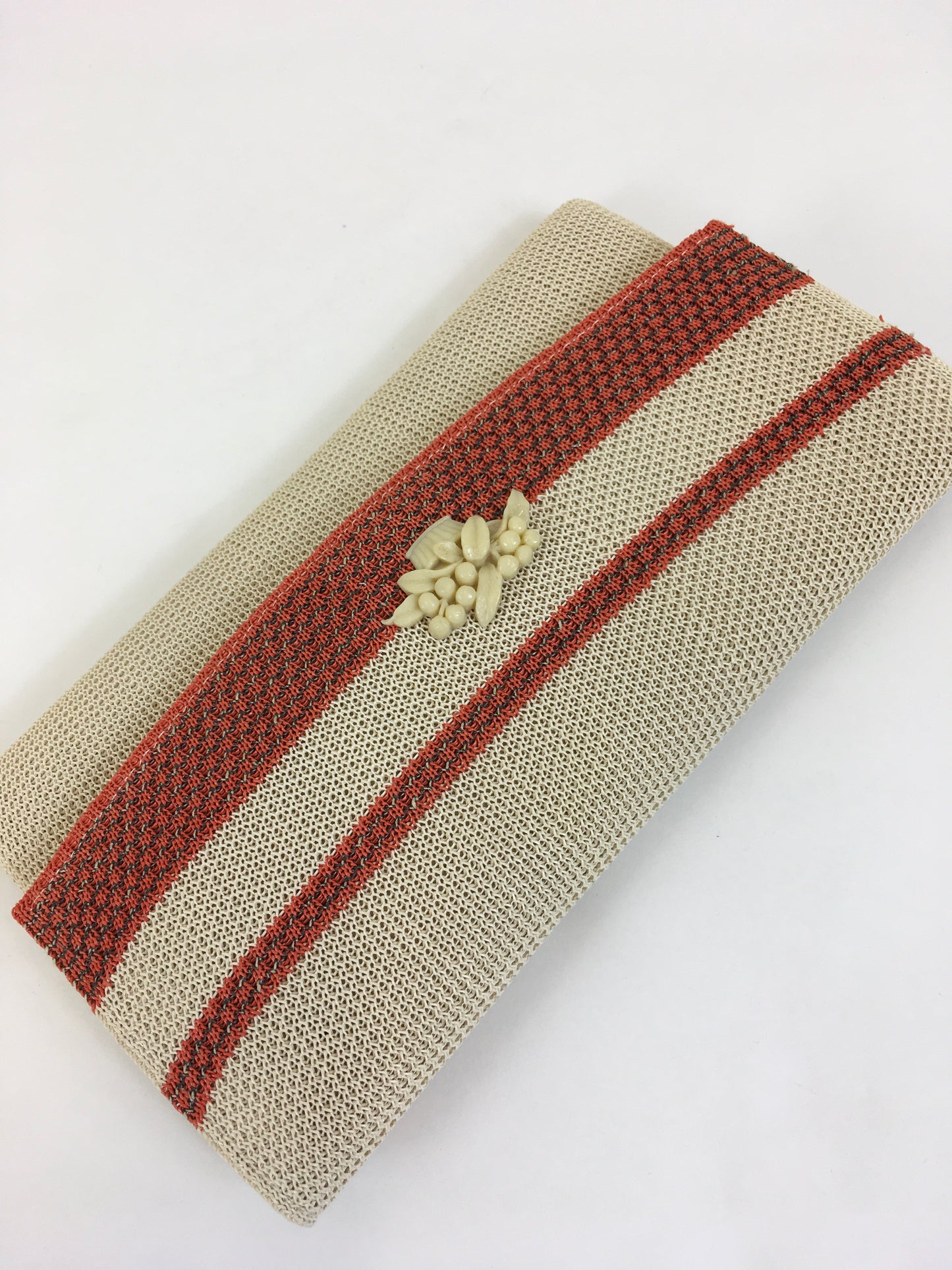 Original 1930's Sensational Fabric Clutch Bag in Orange & Cream - With Celluloid Floral Basket Adornment