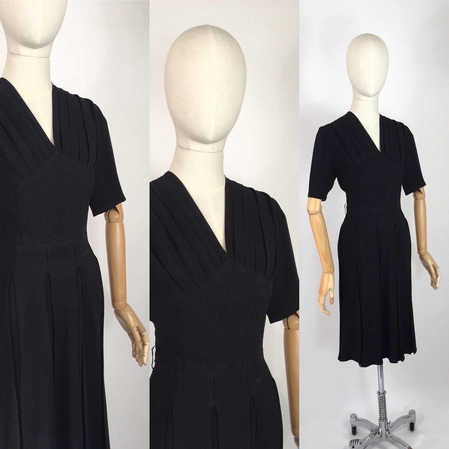 Original 1940’s Black Crepe Dress - With a Lovely Soutache Waist Panel Detailing