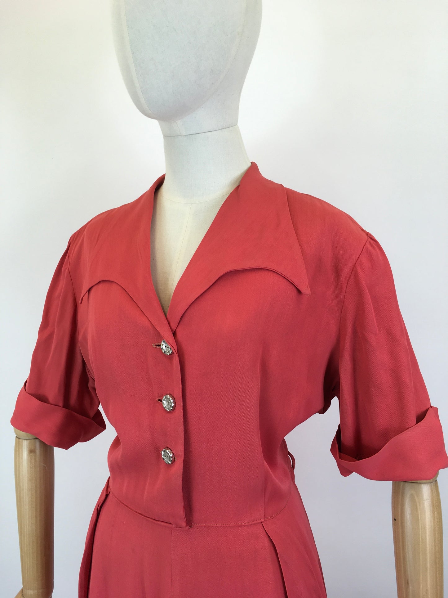 Original 1940’s Gaberdine Day Dress - In A Bright Lipstick Coral Colour