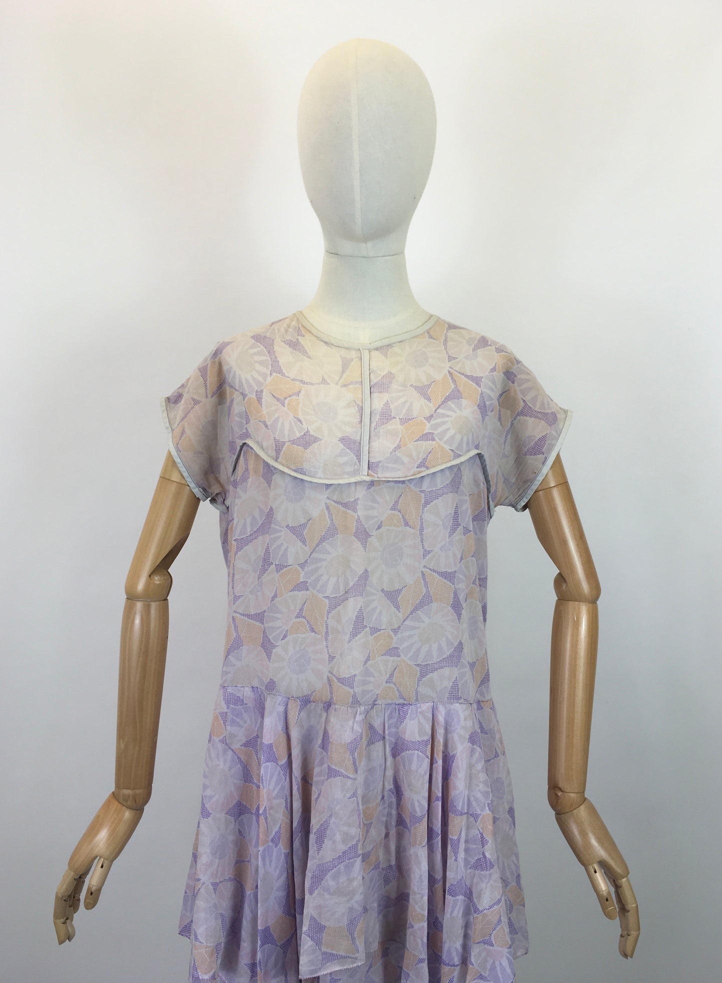 Original 1920's Charming Cotton Lawn Day Dress - In Deco Pastels of Lilacs, Pinks & Orange