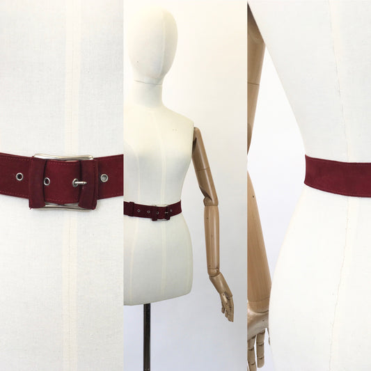 Original 1930's / 1940's Suede Belt in Deep Burgundy - With Deco Styling