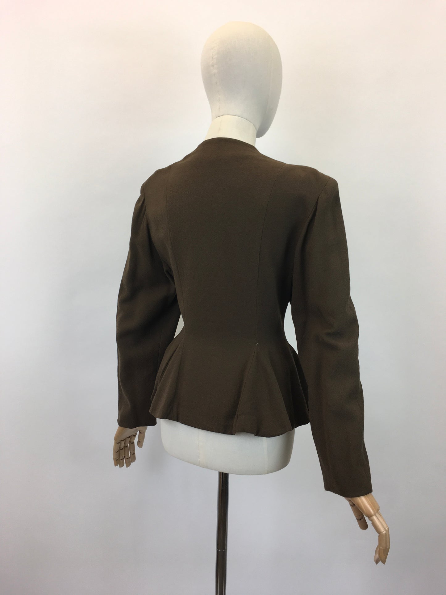 Original 1940's Stunning Crepe Jacket With Peplum - In Chocolate Brown with Flower Petal Buttons