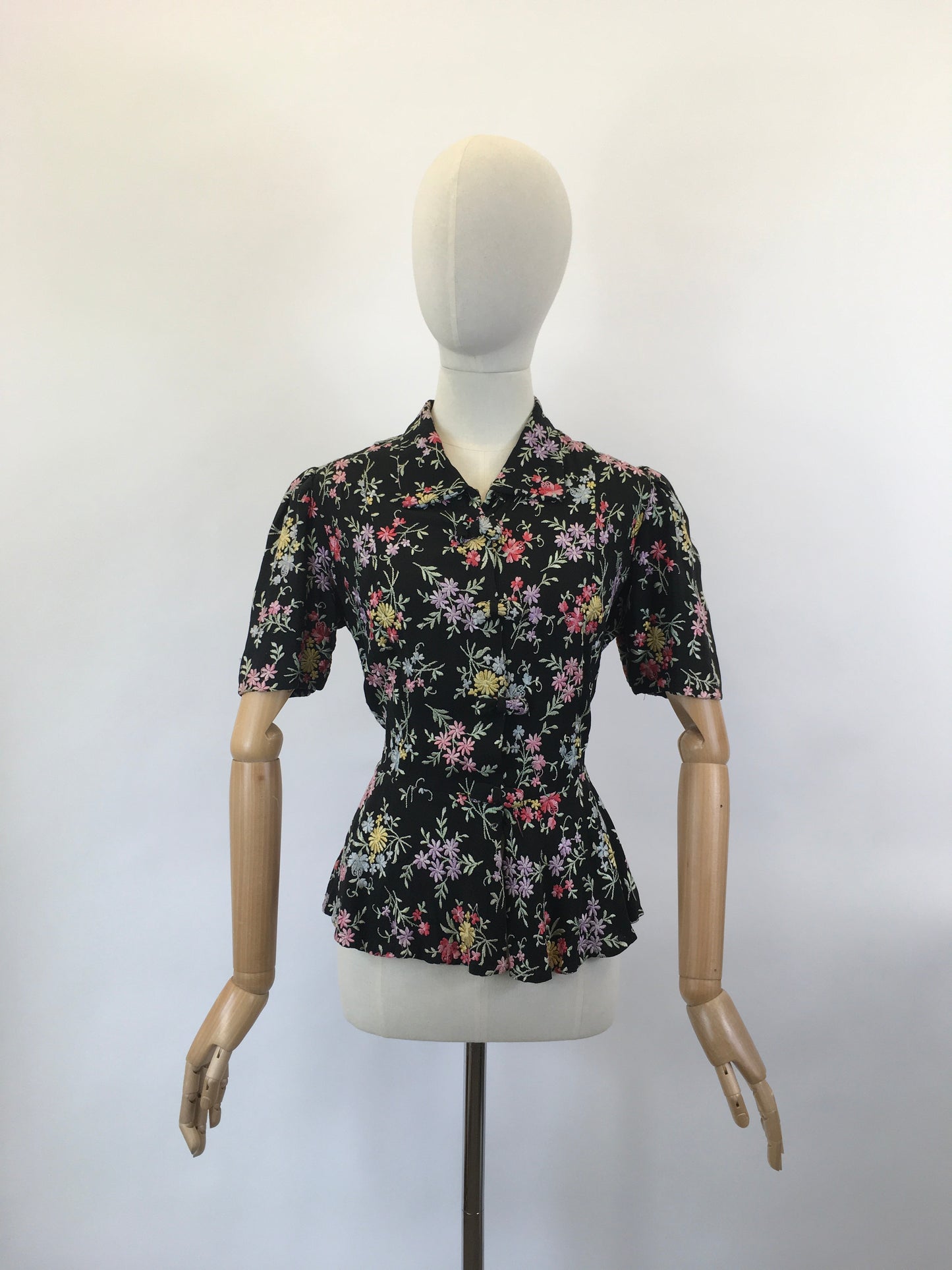 Original 1930’s Black Crepe Embroidered Blouse with Bows - In A Wild Flower Meadow Colour Pallet