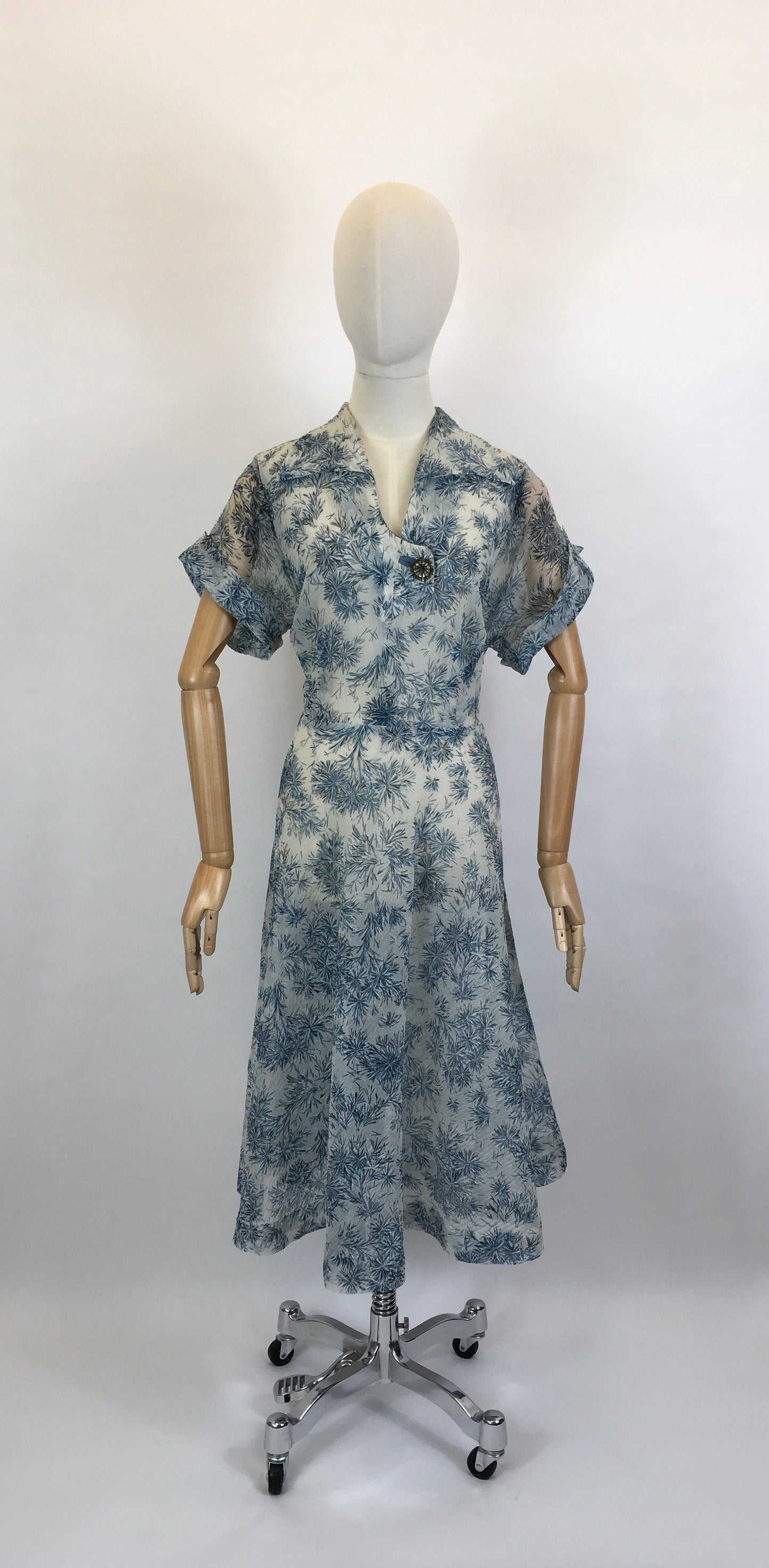 Original Early 1950’s Sheer Nylon Floral Dress - In A Lovely Soft Blue Floral