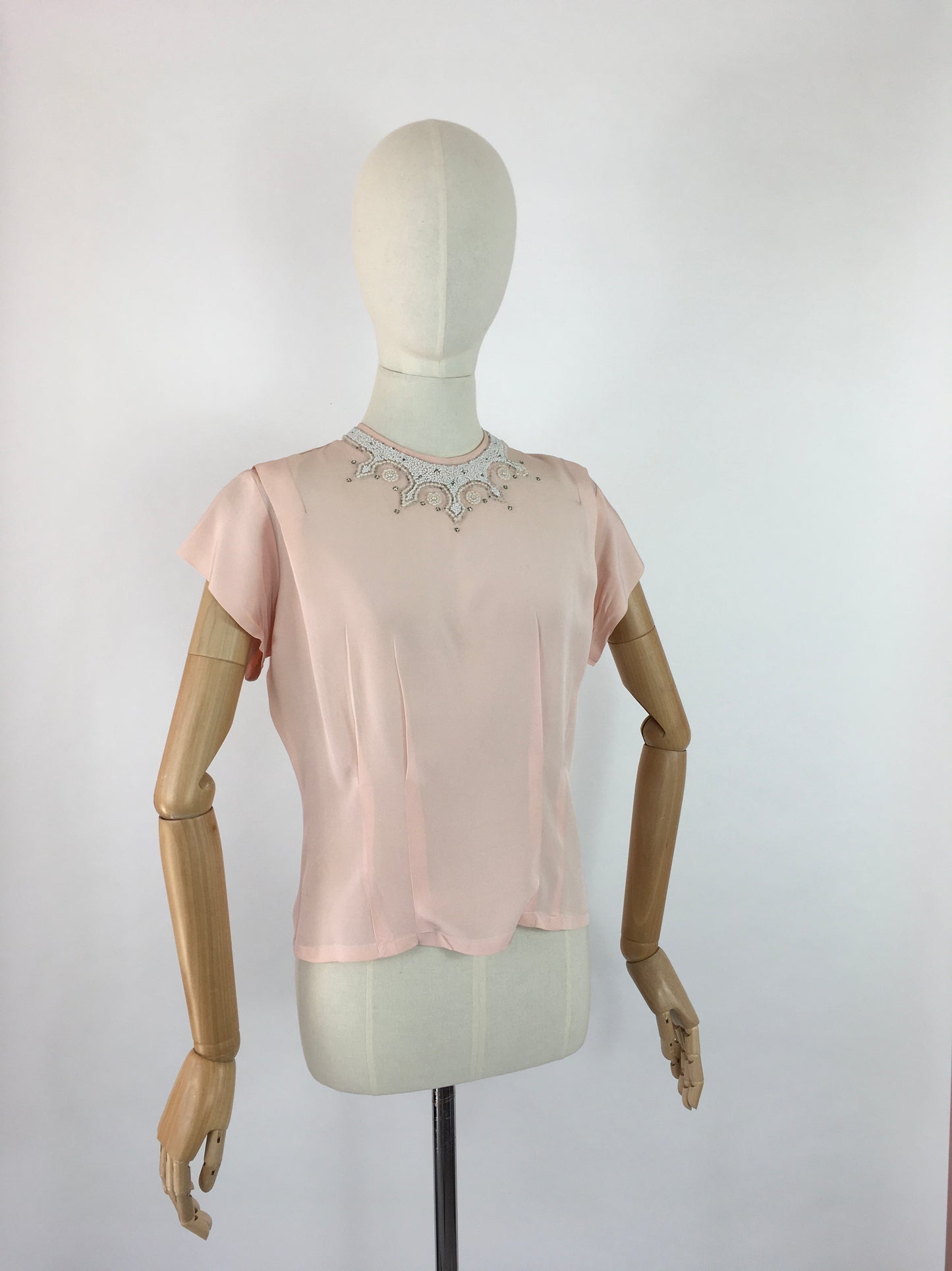 Original 1940s Soft Pink Blouse - With Beautiful Beaded Yoke Detailing