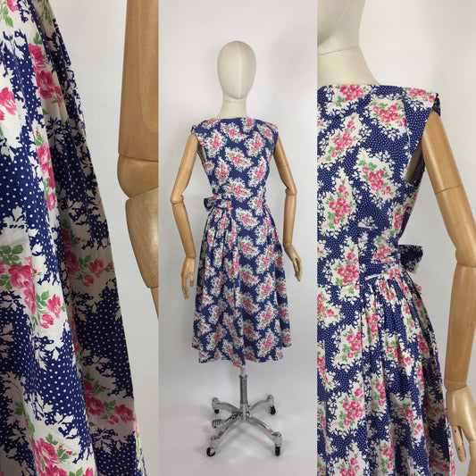 Original 1950s Darling Floral Day Dress - In a Beautiful Crisp Cotton in Rich Blue, Powder Pinks, White and Grassy Green.