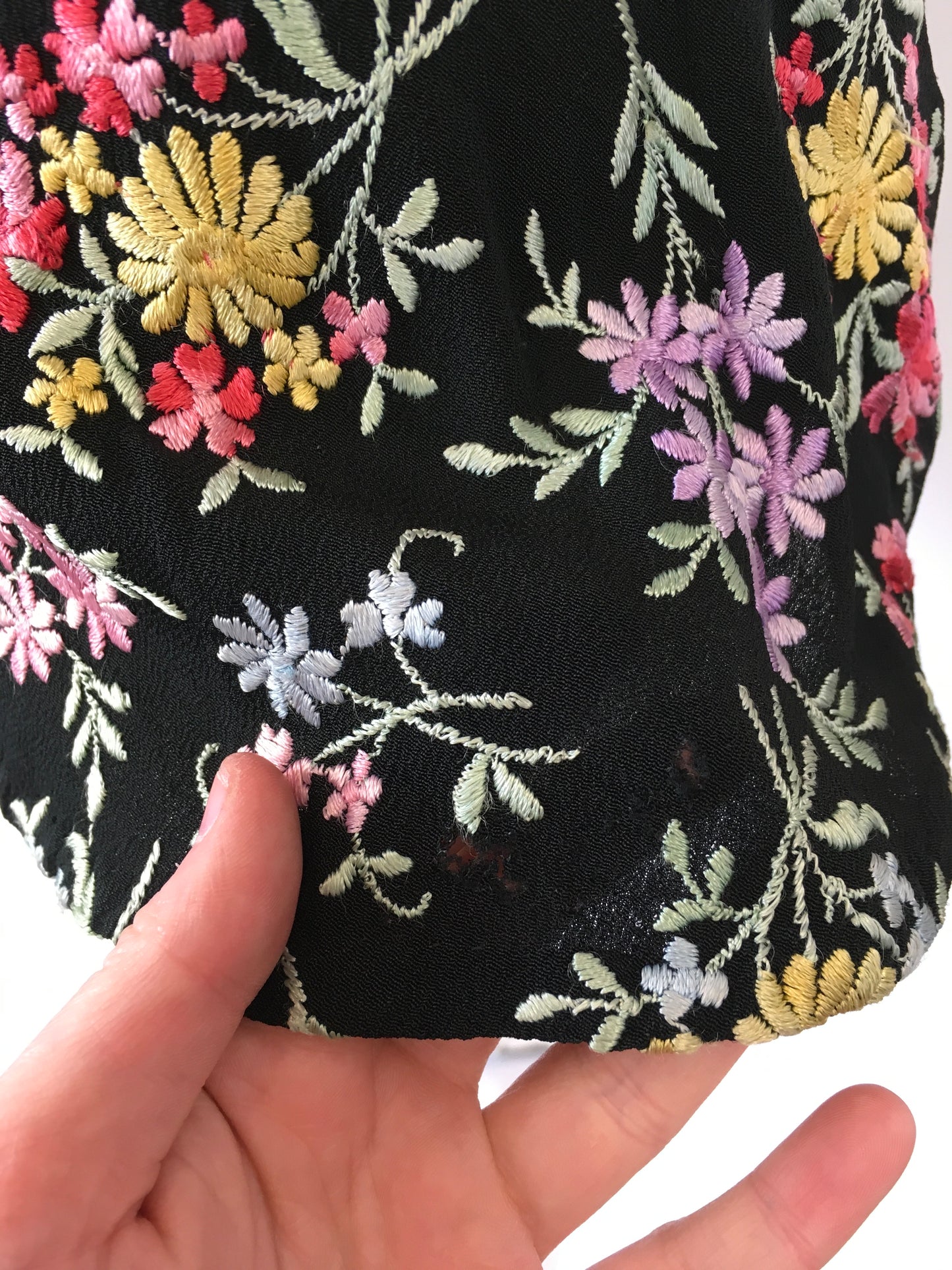 Original 1930’s Black Crepe Embroidered Blouse with Bows - In A Wild Flower Meadow Colour Pallet