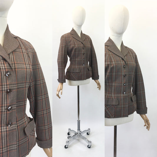 Original 1940's Gorgeous Plaid Jacket - In Brown, Zesty Orange and Cream