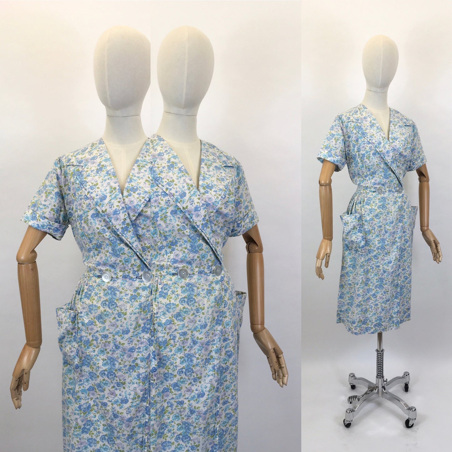Original 1950’s Floral Cotton Wrap Dress - In A Blue, Green & White Colour Pallet