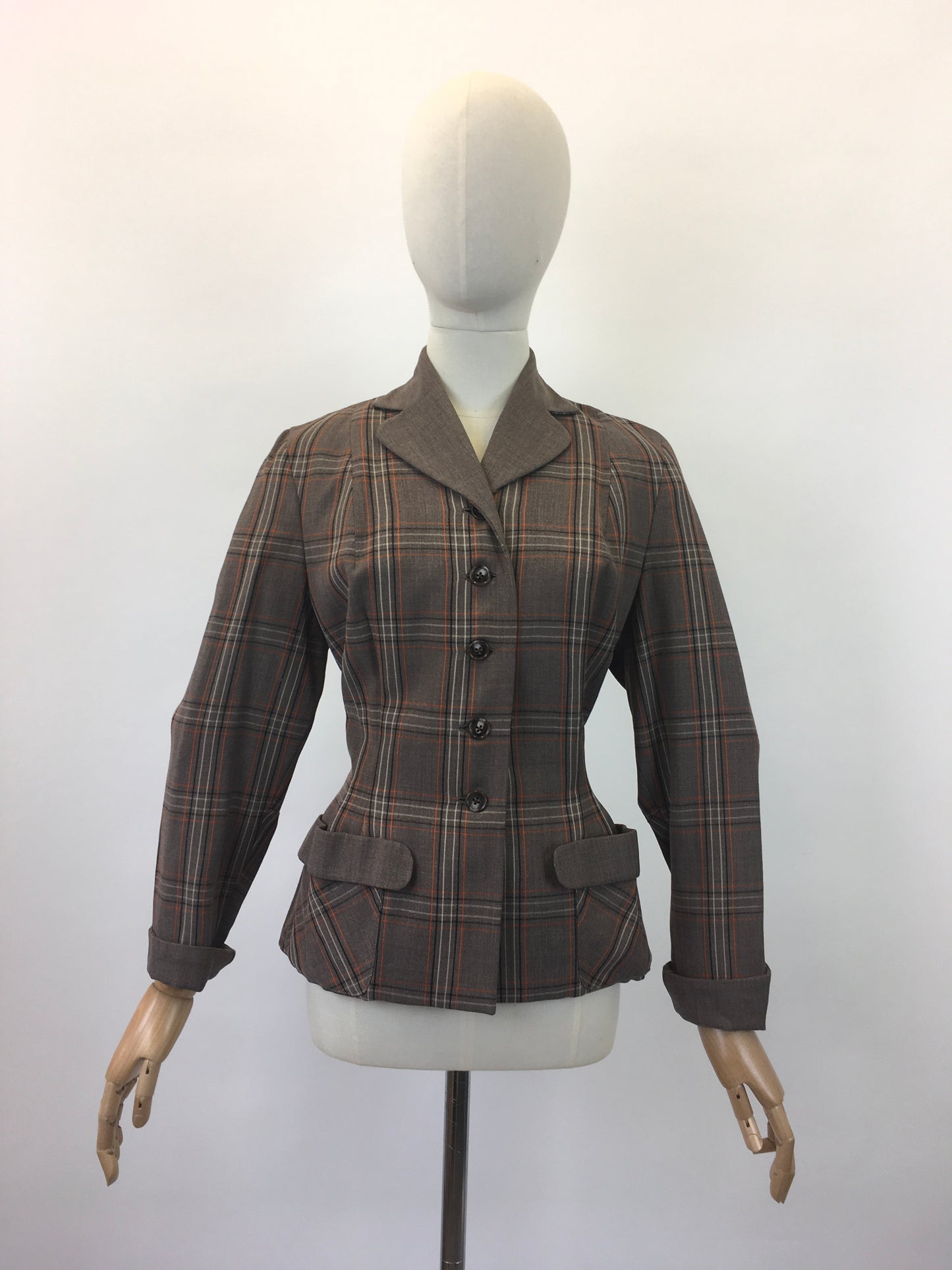 Original 1940's Gorgeous Plaid Jacket - In Brown, Zesty Orange and Cream