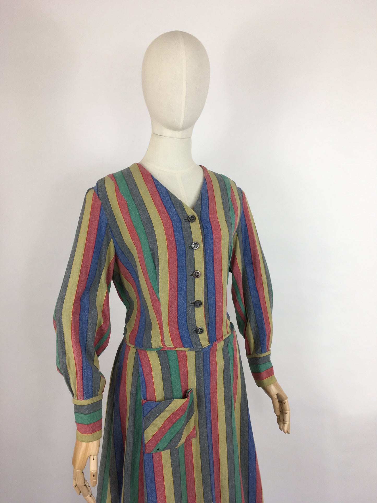 Original Late 1930s Day Dress - In a Fabulous Heavyweight Linen in a Rainbow Stripe with Contrast Chevron Pattern