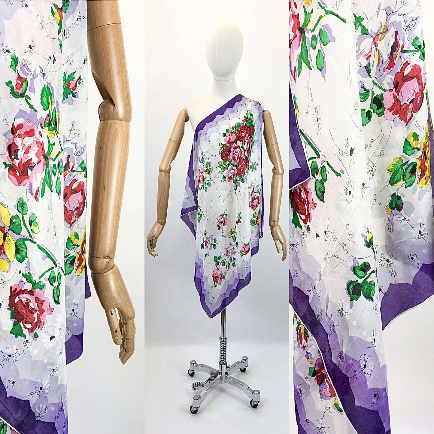 Original 1950's Darling Floral Silk Scarf - In Rich Purples, Lilac, Pink & Green