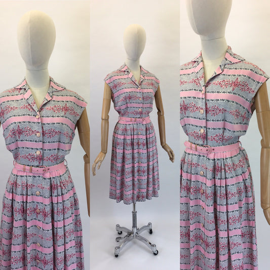 Original 1950s St. Michael Cotton Day Dress - In a lovely Pink and Grey Print