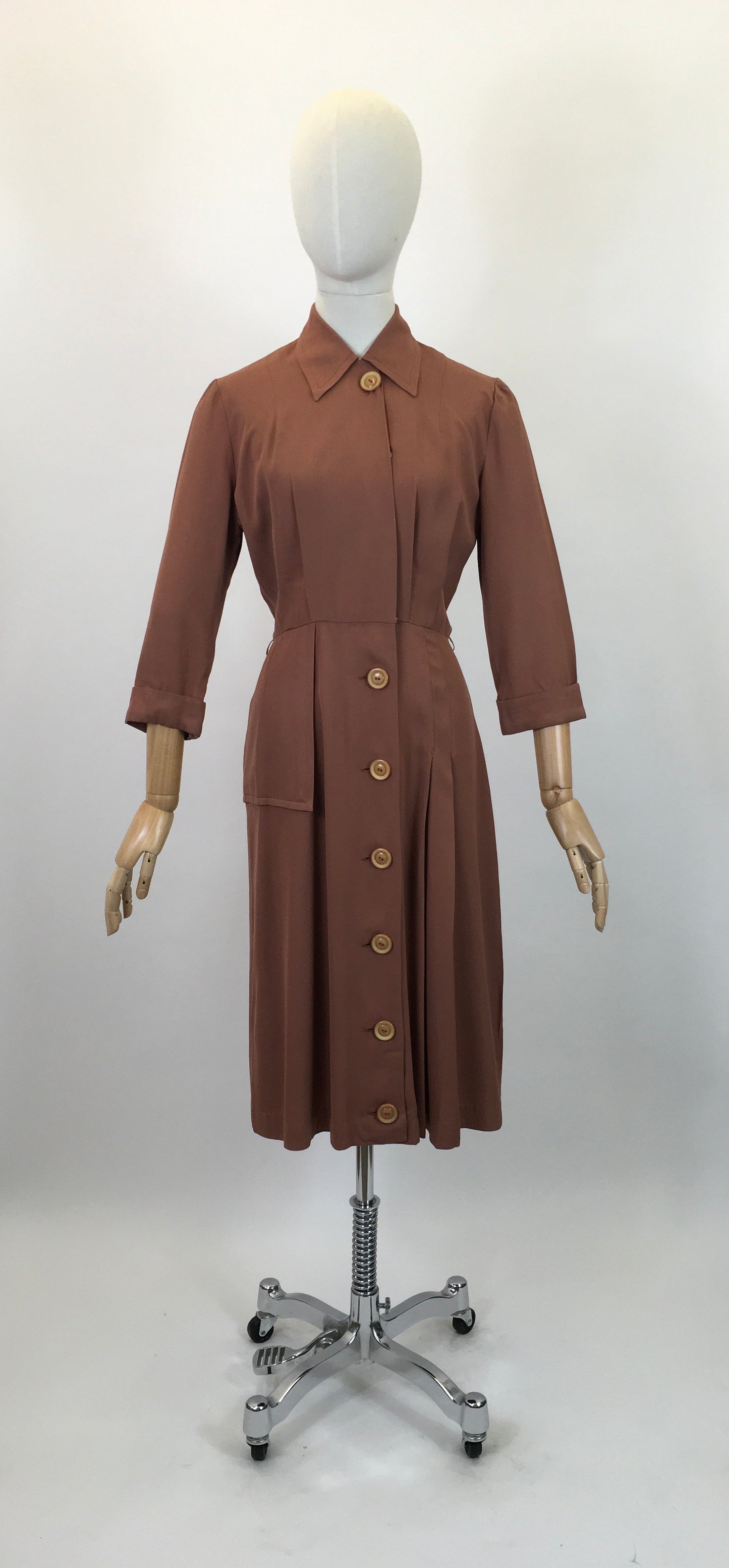 Original 1940's Darling Gaberdine Dress - In A Soft Chestnut Brown