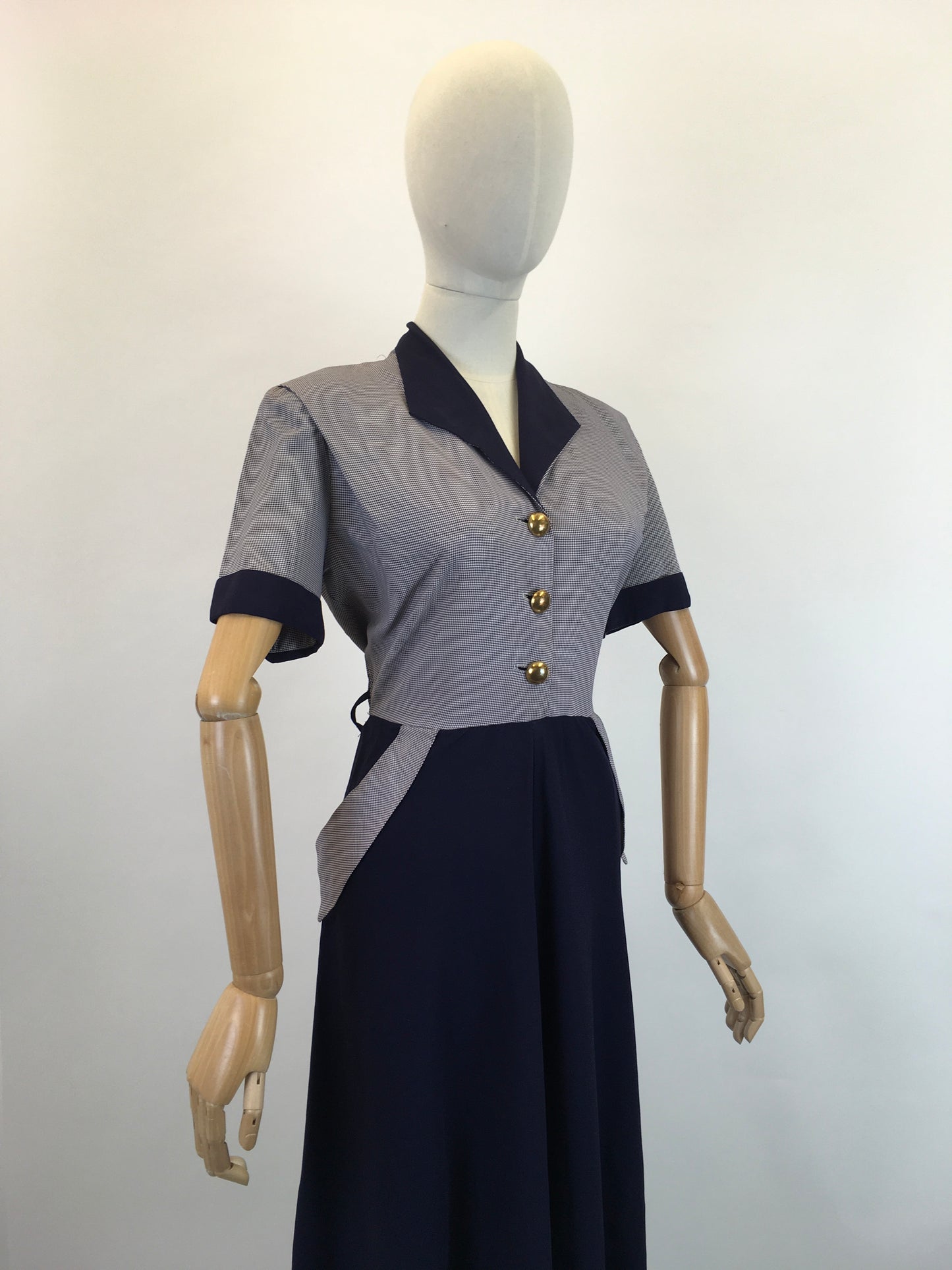 Original 1940’s Fabulous Rayon Dress - In Navy Dogs-tooth and Navy Colour Block
