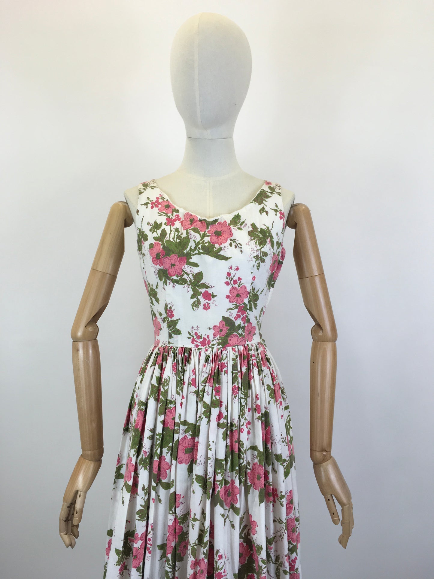 Original 1950’s Darling Cotton Sundress - In A Pink Floral with Green Fauna