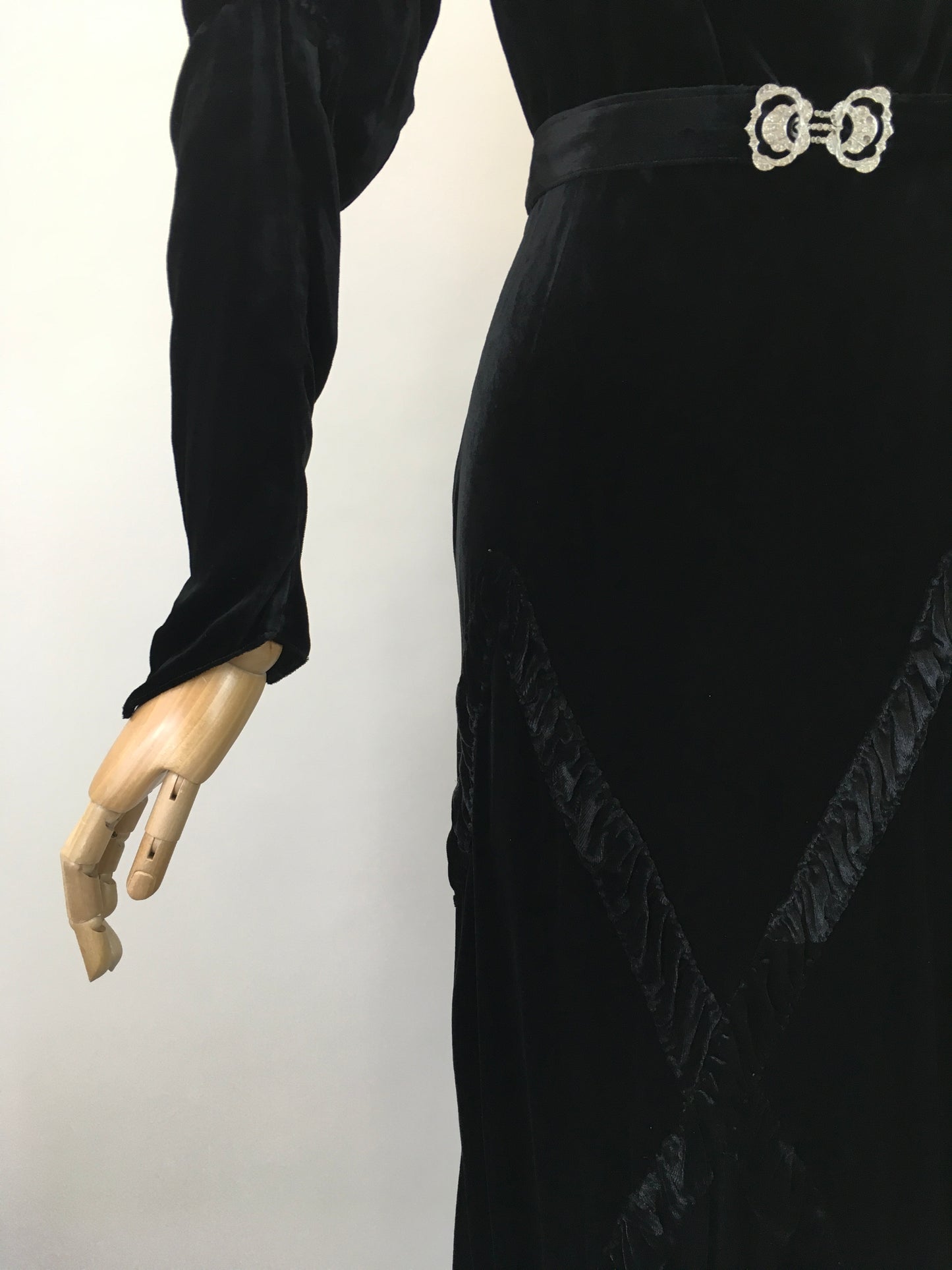 Original 1930's Divine Silk Velvet Evening Gown - With Exquisite Pleated Details and Art Deco Buckle