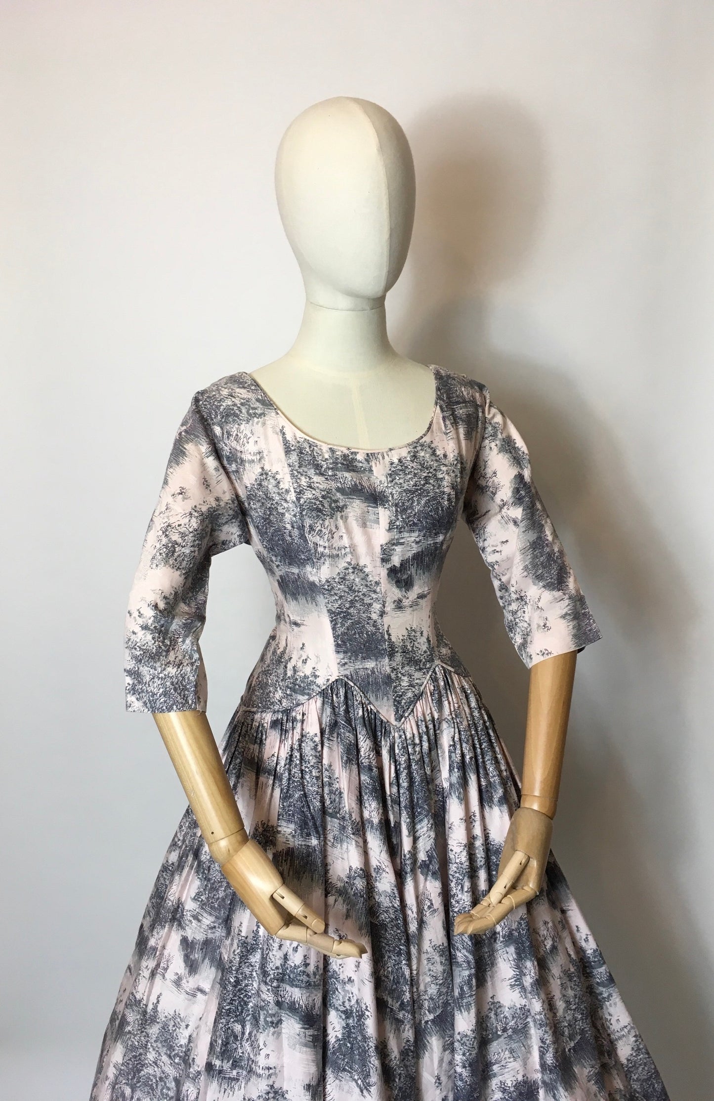 Original 1950s Darling Dress - In the Most Delicate Powder Pink with Charcoal Stencil Overlay Print